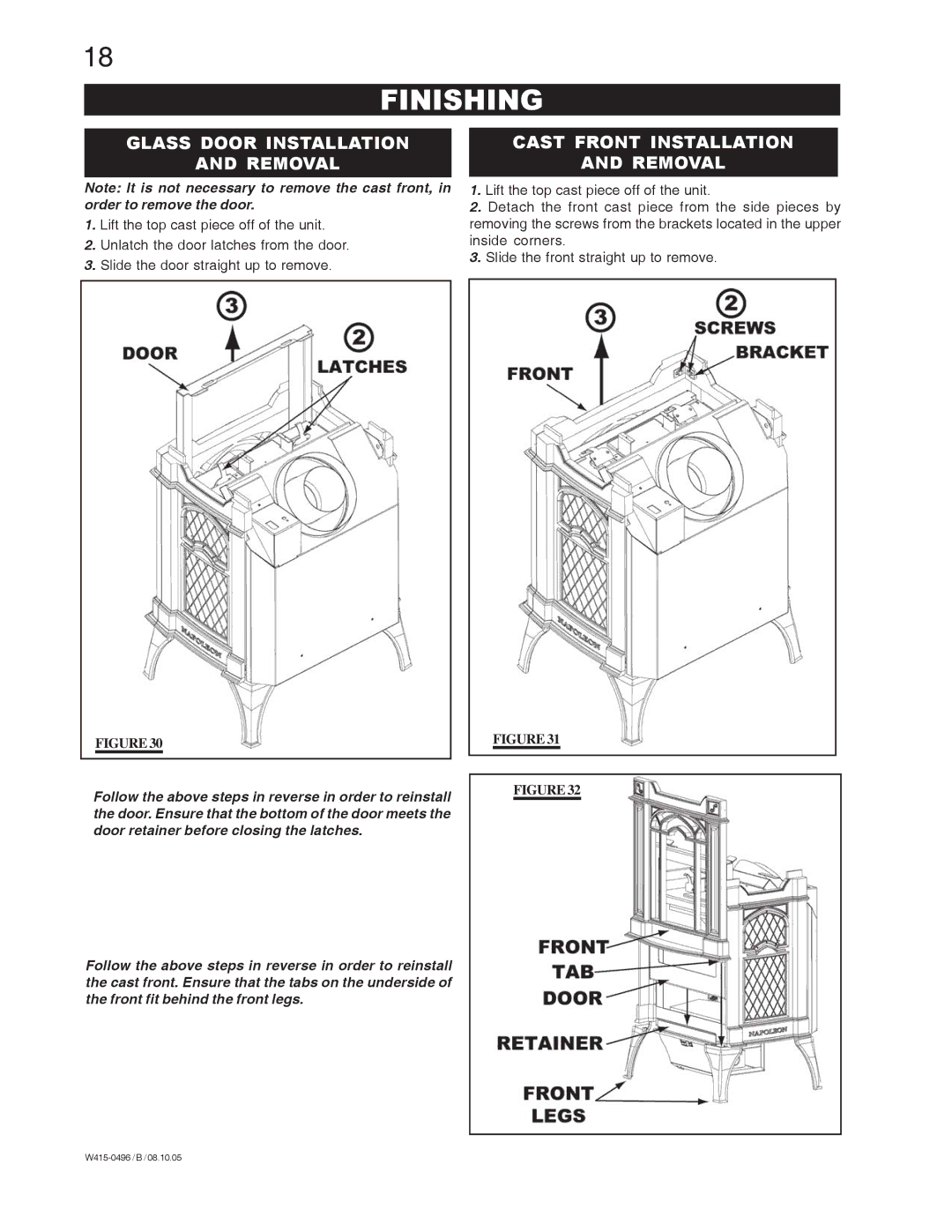 Napoleon Fireplaces GDS20P, Arlington GDS20N manual Finishing, Glass Door Installation Cast Front Installation Removal 