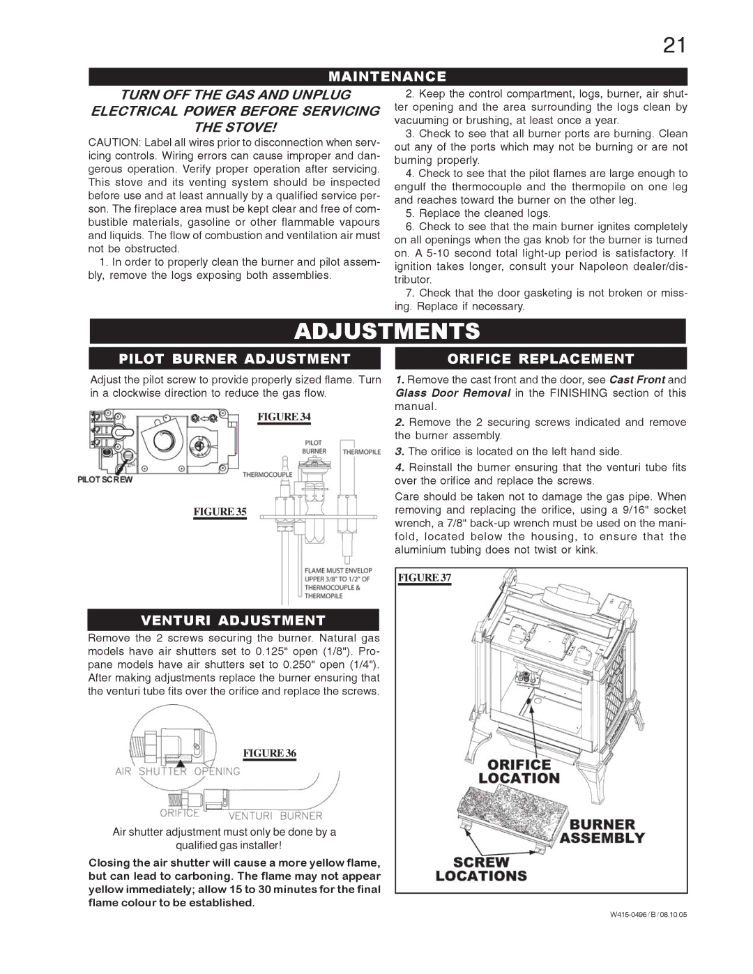 Napoleon Fireplaces Arlington GDS20N, GDS20P manual Adjustments, Maintenance, Pilot Burner Adjustment, Venturi Adjustment 