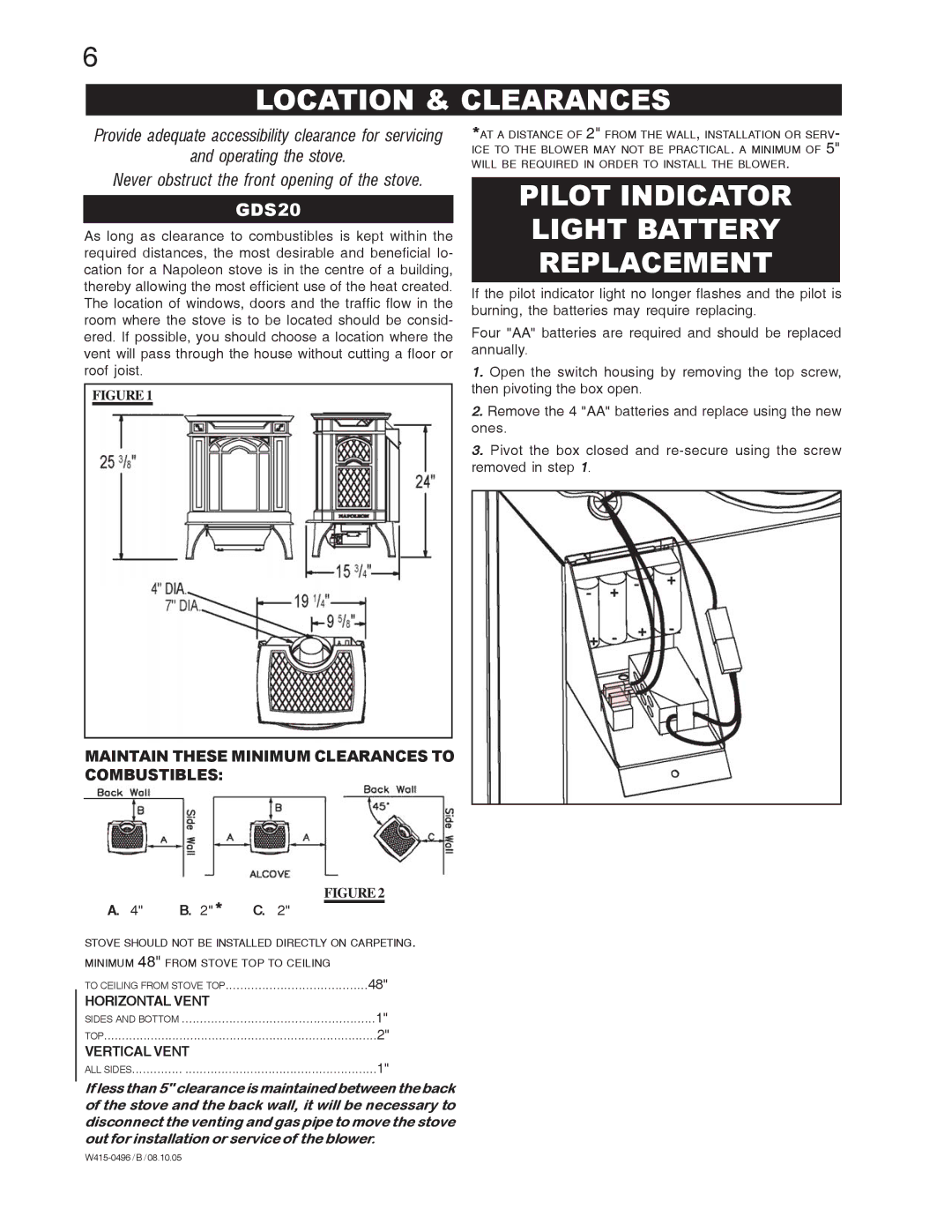 Napoleon Fireplaces GDS20P, Arlington GDS20N manual Location & Clearances, Pilot Indicator Light Battery Replacement 