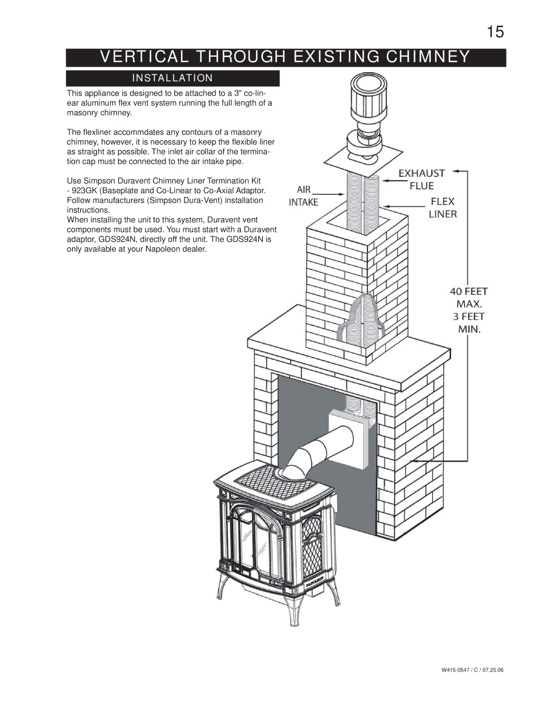 Napoleon Fireplaces GDS25P, GDS25N manual Vertical Through Existing Chimney, Installation 