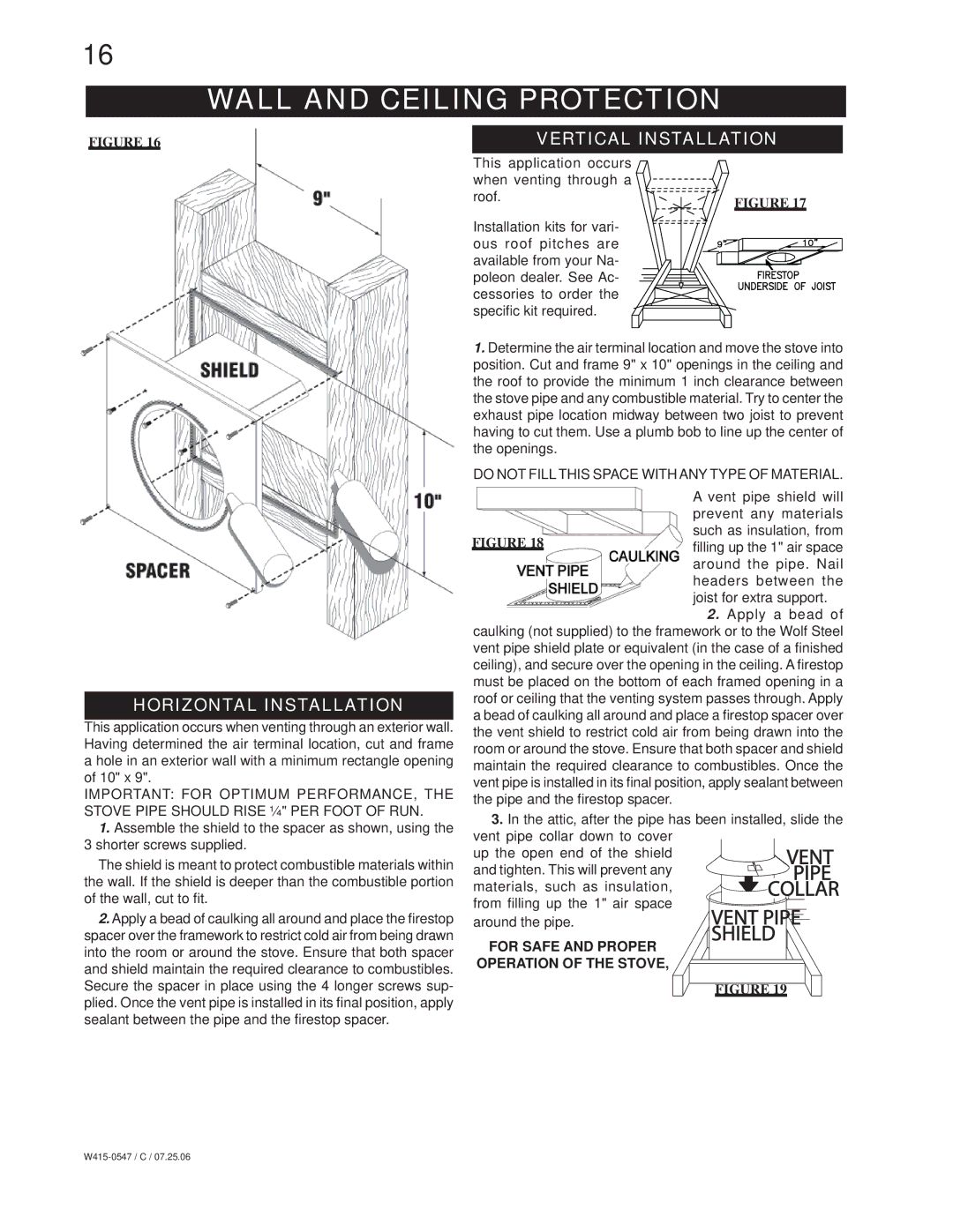 Napoleon Fireplaces GDS25N, GDS25P manual Wall and Ceiling Protection, Vertical Installation, Horizontal Installation 