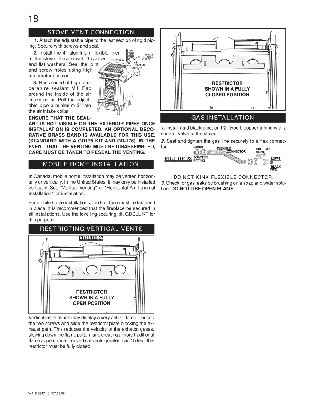 Napoleon Fireplaces GDS25N Stove Vent Connection, Mobile Home Installation, Restricting Vertical Vents, GAS Installation 