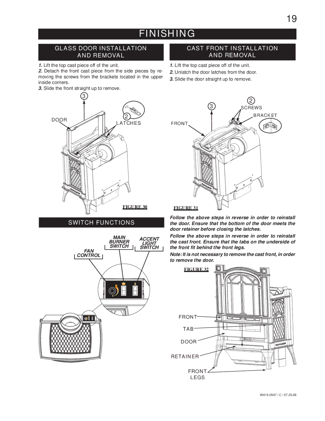 Napoleon Fireplaces GDS25P, GDS25N manual Finishing, Cast Front Installation, Switch Functions, Door Latches 