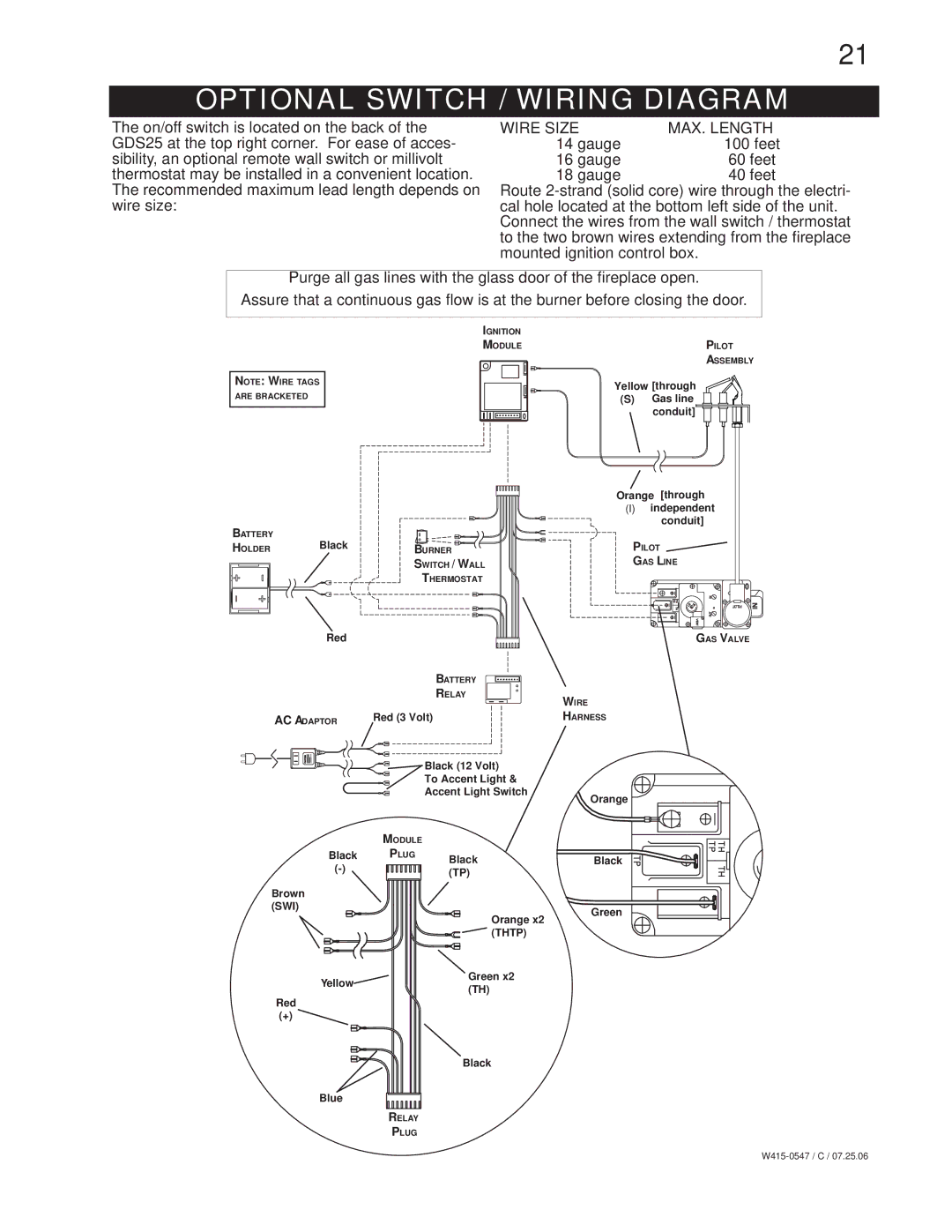 Napoleon Fireplaces GDS25P, GDS25N manual Optional Switch / Wiring Diagram, Wire Size MAX. Length 