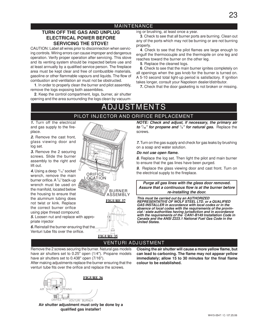 Napoleon Fireplaces GDS25P, GDS25N Adjustments, Maintenance, Pilot Injector and Orifice Replacement, Venturi Adjustment 