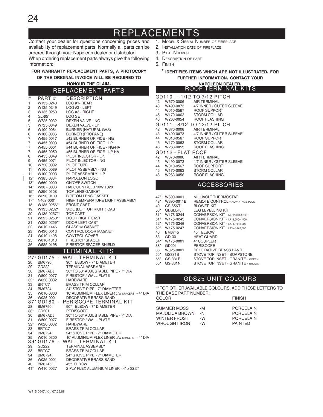 Napoleon Fireplaces GDS25N, GDS25P manual Replacements 