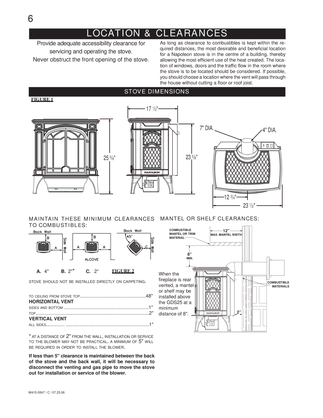 Napoleon Fireplaces GDS25N, GDS25P manual Location & Clearances, Stove Dimensions 