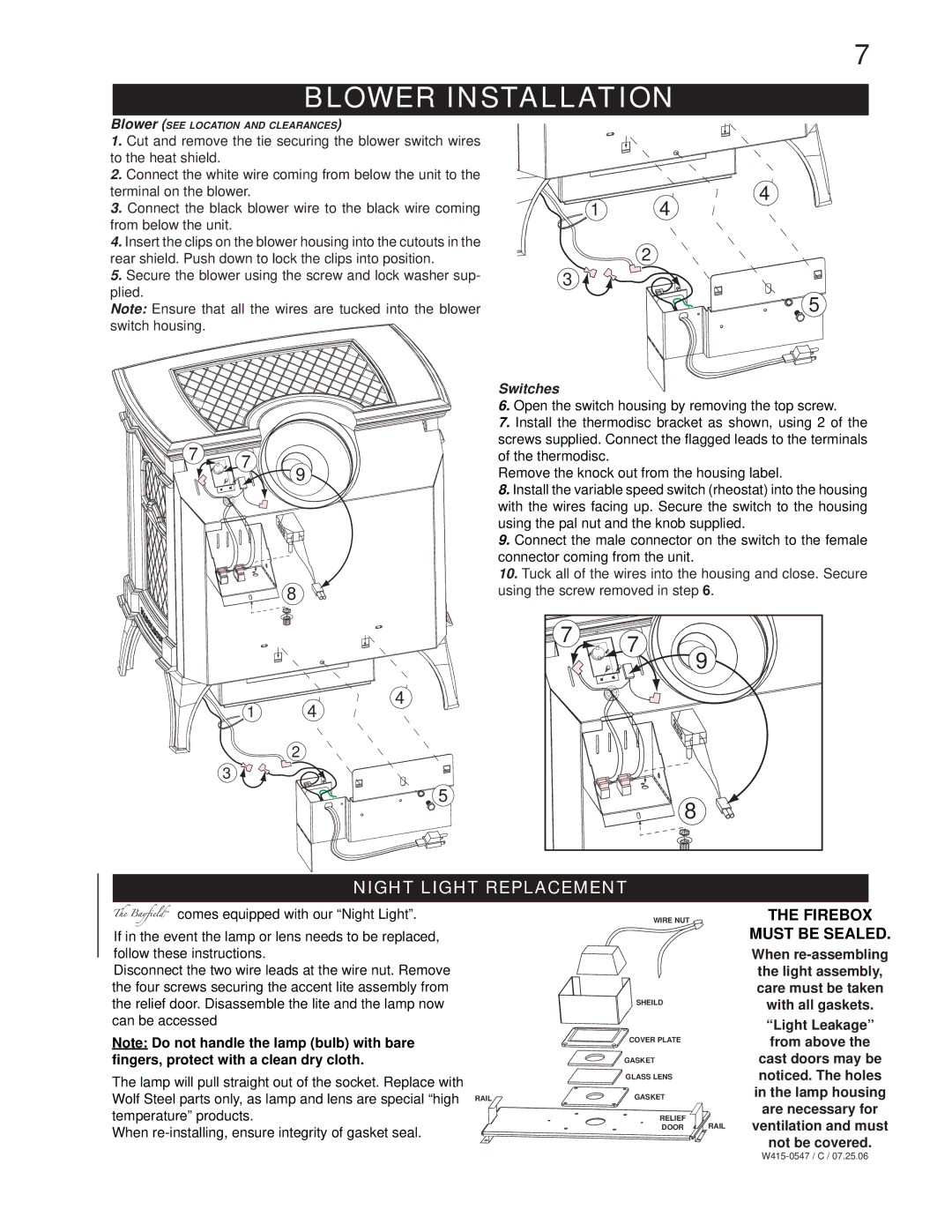 Napoleon Fireplaces GDS25P, GDS25N manual Blower Installation, Night Light Replacement 