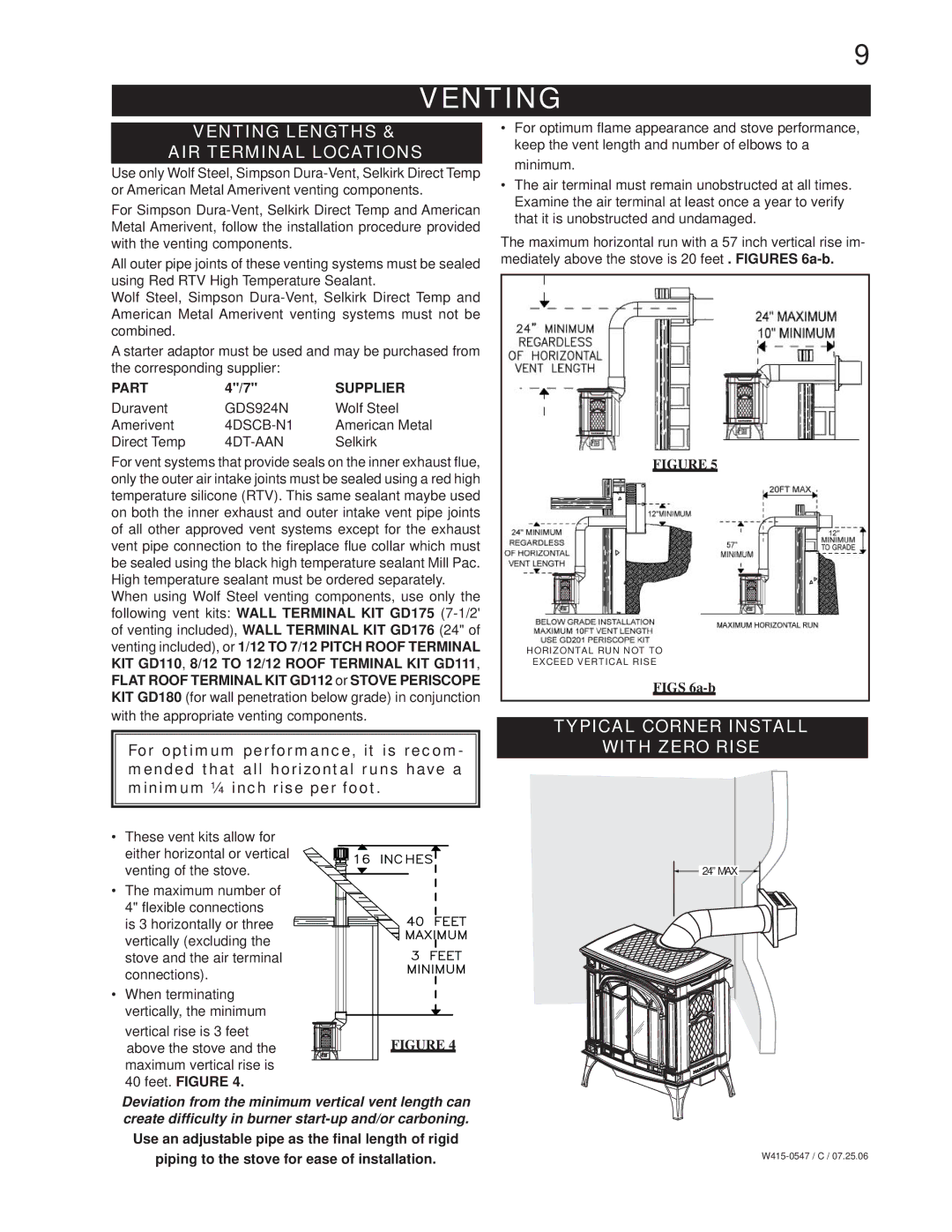 Napoleon Fireplaces GDS25P, GDS25N manual Venting Lengths AIR Terminal Locations, Typical Corner Install With Zero Rise 