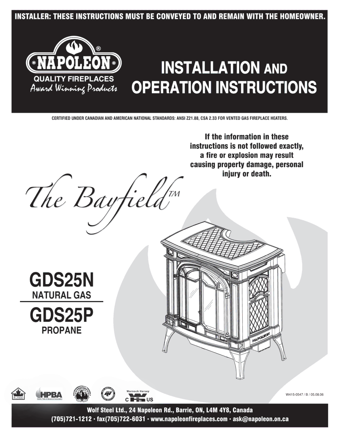 Napoleon Fireplaces GDS25N GDS25P manual W415-0547 / B 