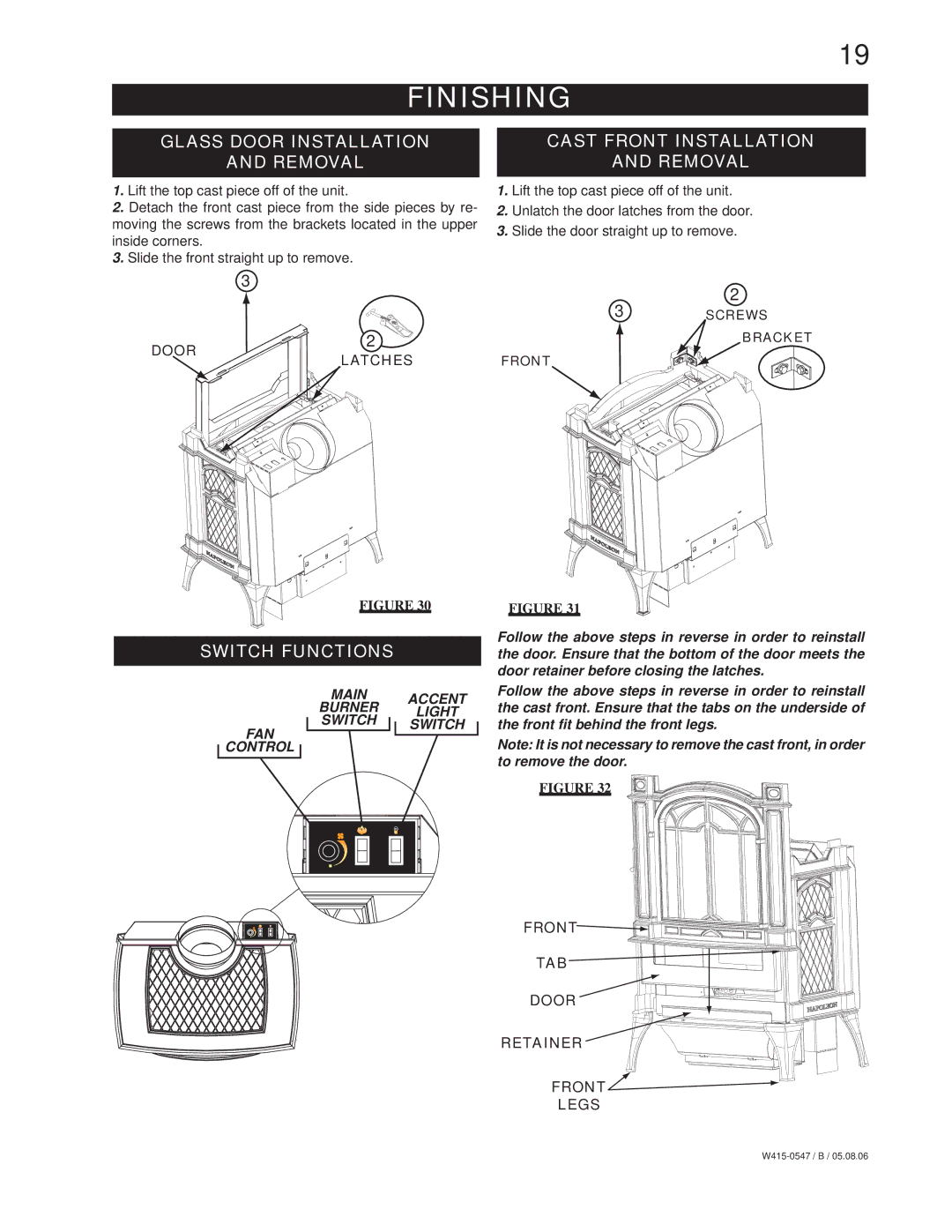 Napoleon Fireplaces GDS25N GDS25P manual Finishing, Cast Front Installation, Switch Functions, Door Latches 