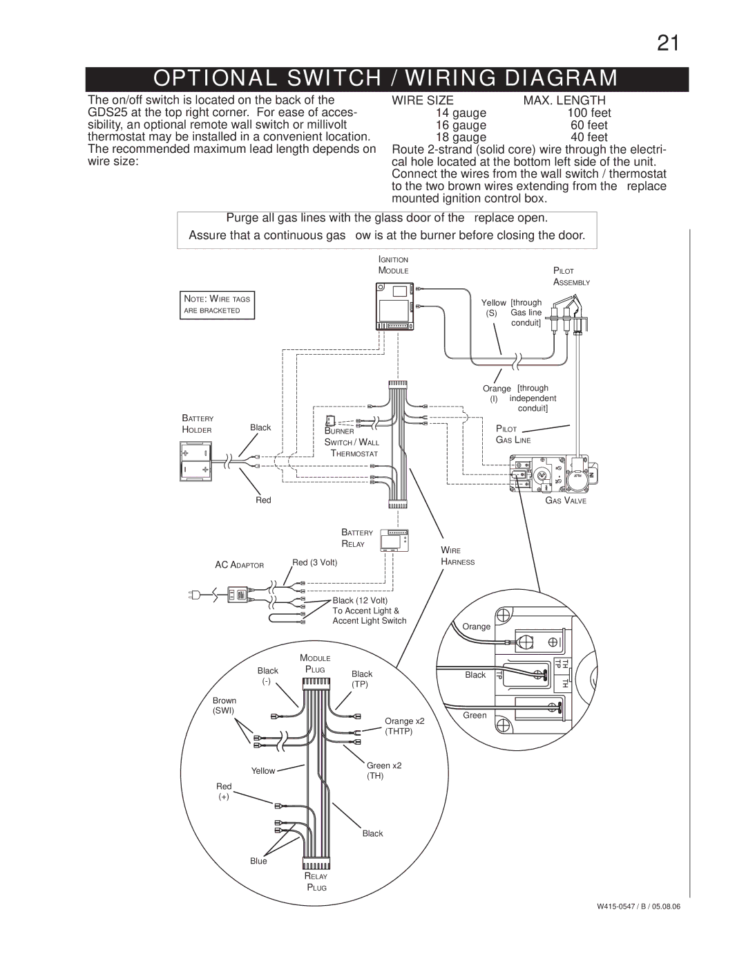 Napoleon Fireplaces GDS25N GDS25P manual Optional Switch / Wiring Diagram, Wire Size MAX. Length 