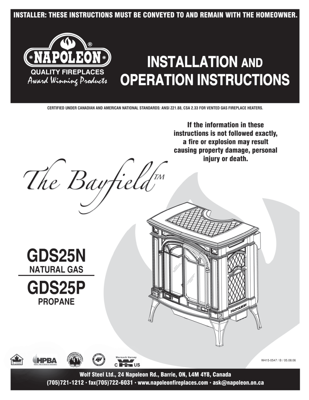Napoleon Fireplaces GDS25N GDS25P manual W415-0547 /B 