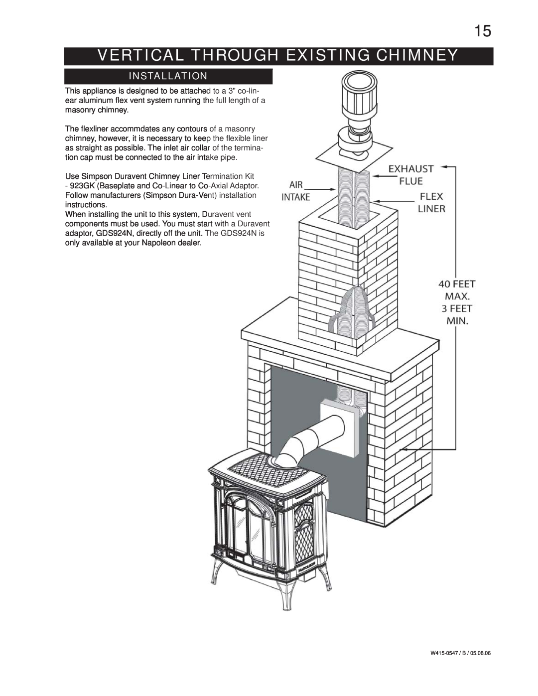 Napoleon Fireplaces GDS25N GDS25P manual Vertical Through Existing Chimney, Installation 