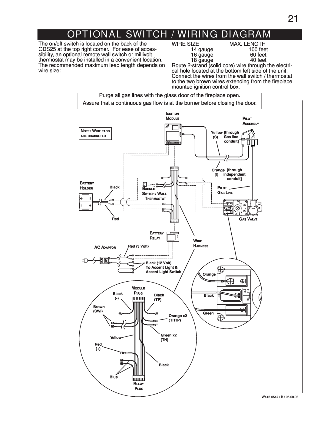 Napoleon Fireplaces GDS25N GDS25P manual Optional Switch / Wiring Diagram 