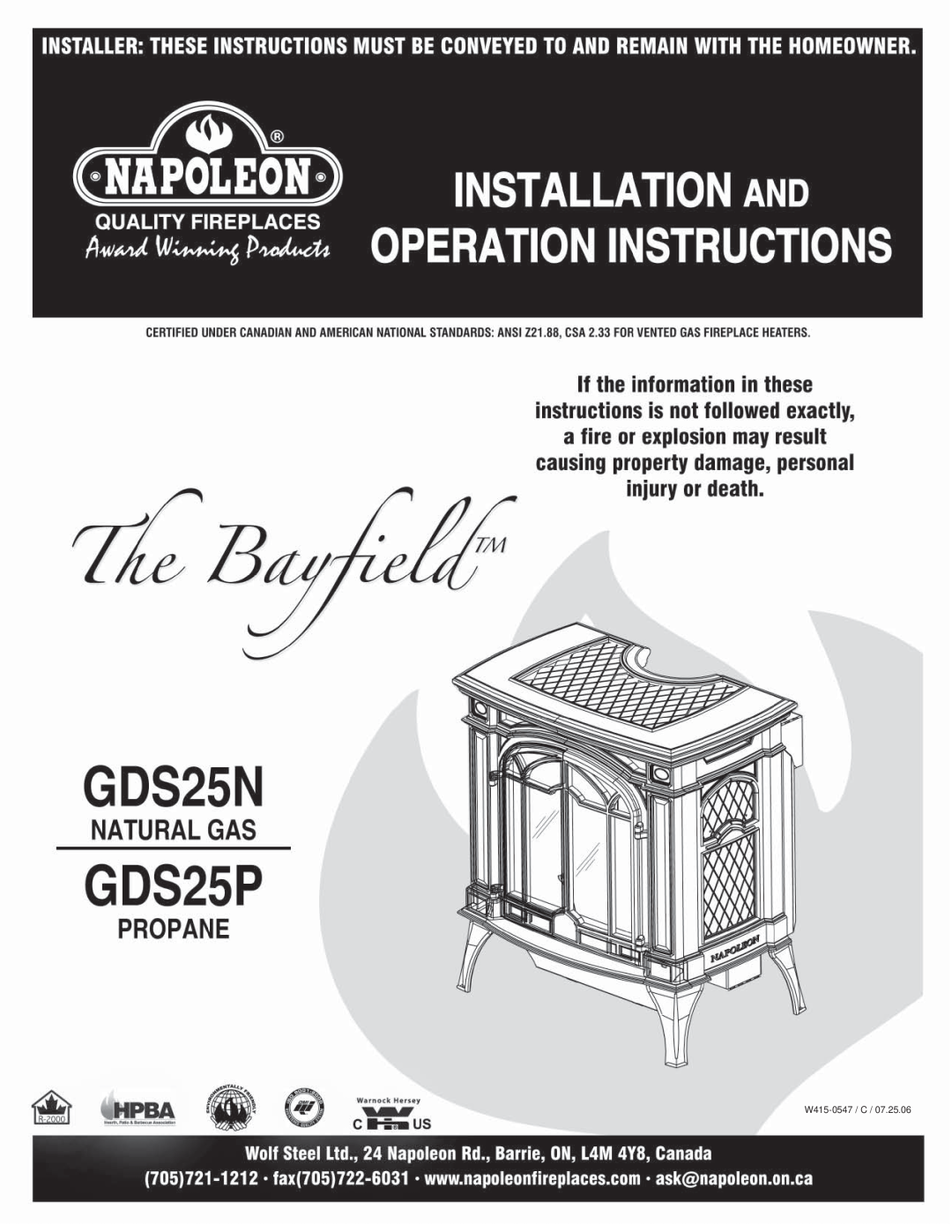 Napoleon Fireplaces GDS25P, GDS25N manual W415-0547 / C 