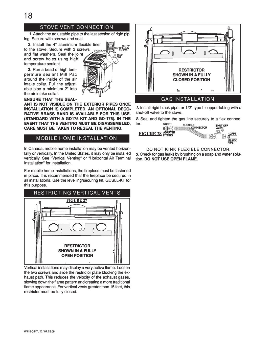 Napoleon Fireplaces GDS25N Stove Vent Connection, Mobile Home Installation, Restricting Vertical Vents, Gas Installation 