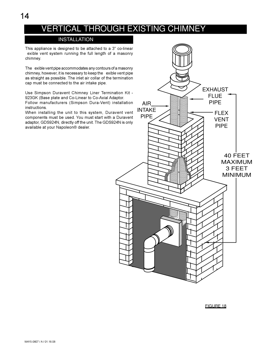 Napoleon Fireplaces GDS26P, GDS26N manual Vertical Through Existing Chimney, Installation 