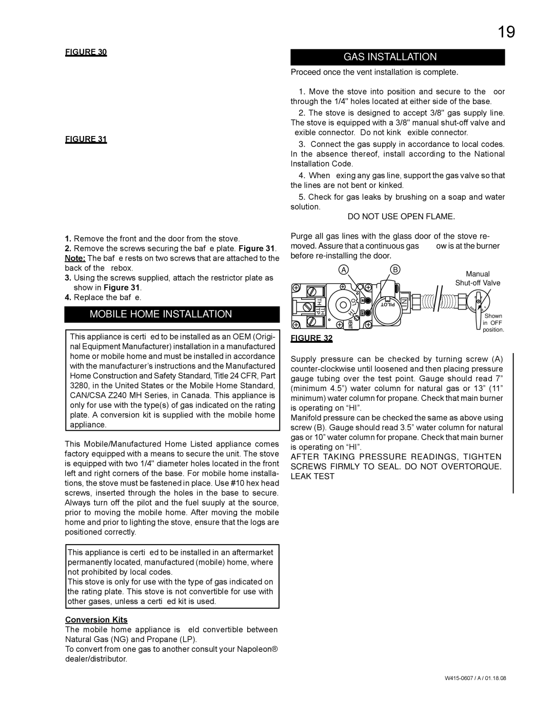 Napoleon Fireplaces GDS26N, GDS26P manual Mobile Home Installation, GAS Installation, Conversion Kits 
