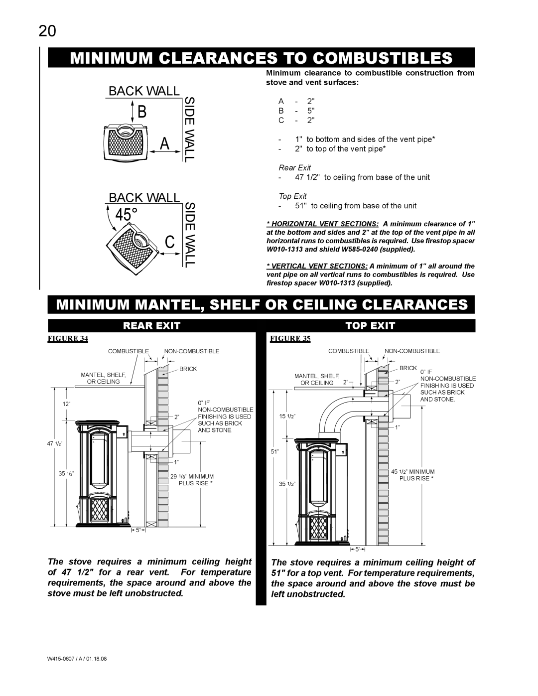 Napoleon Fireplaces GDS26P, GDS26N manual Minimum Clearances to Combustibles, 47 1/2 to ceiling from base of the unit 