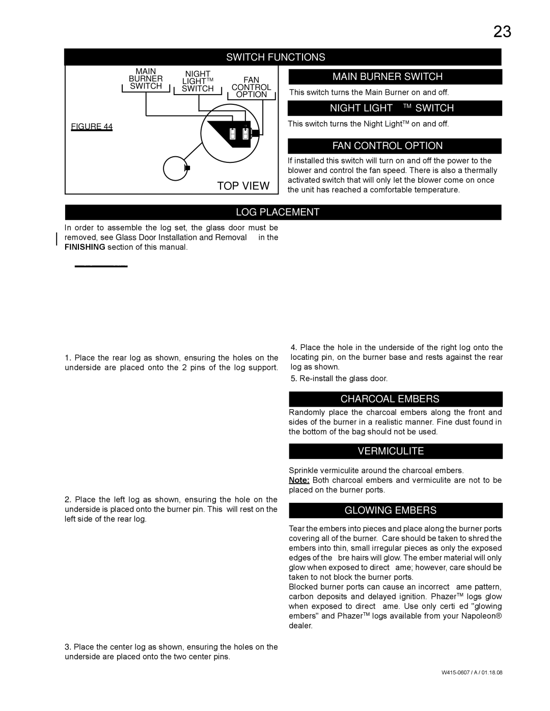 Napoleon Fireplaces GDS26N Switch Functions, Main Burner Switch, Night Lighttm Switch, FAN Control Option, LOG Placement 