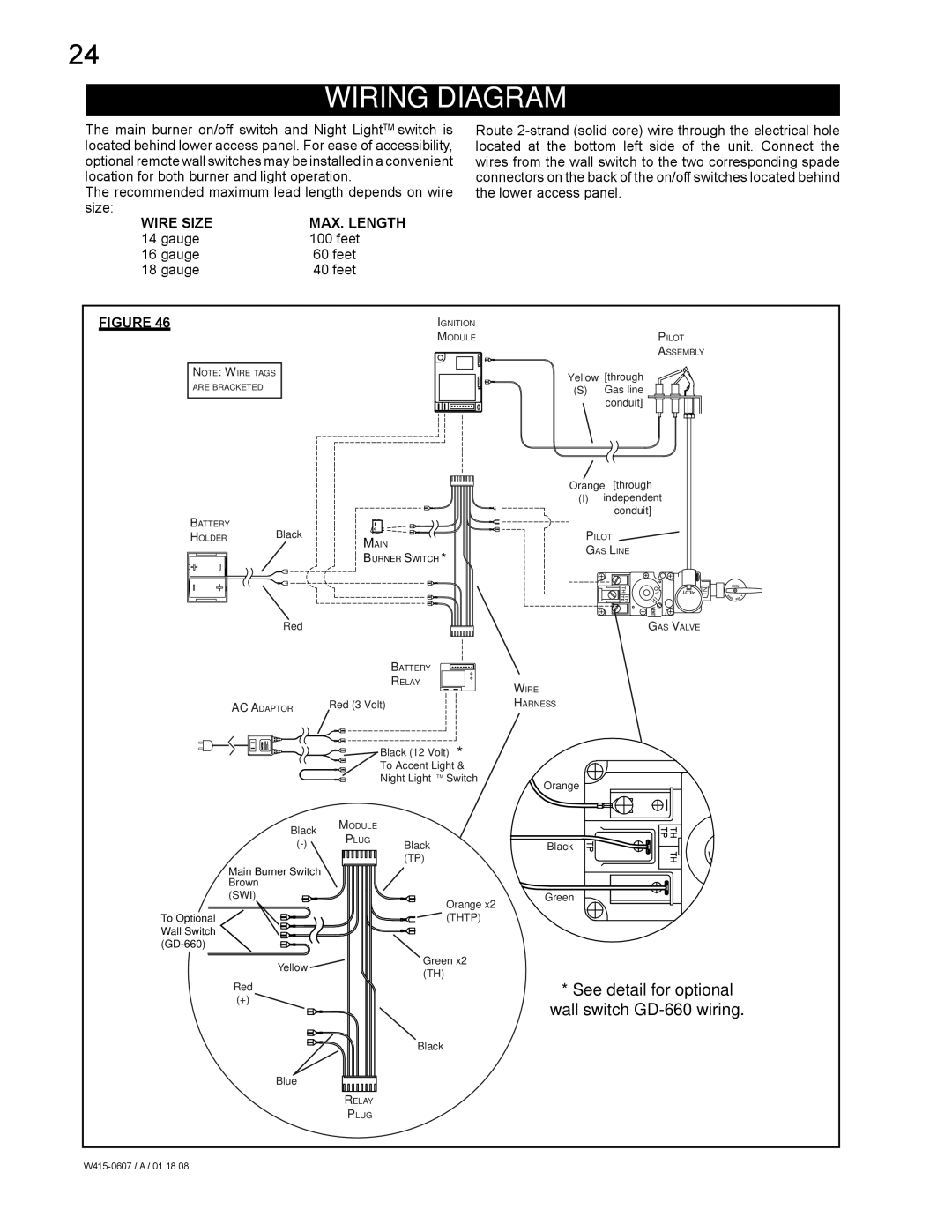 Napoleon Fireplaces GDS26P Wiring Diagram, Recommended maximum lead length depends on wire size, Wire Size MAX. Length 