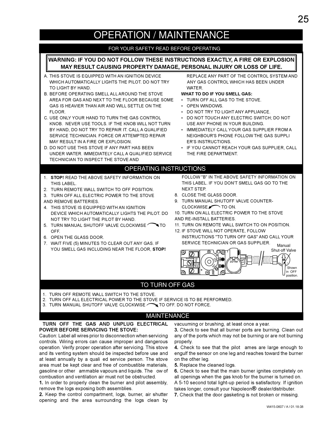 Napoleon Fireplaces GDS26N, GDS26P manual Operation / Maintenance, Operating Instructions, To Turn OFF GAS 