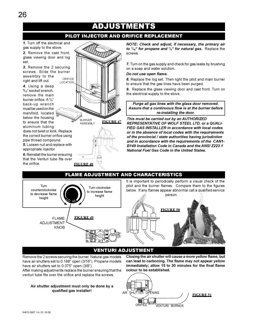 Napoleon Fireplaces GDS26P manual Adjustments, Pilot Injector and Orifice Replacement, Flame Adjustment and Characteristics 