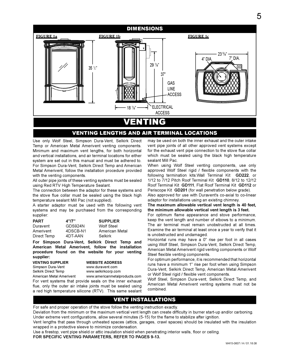 Napoleon Fireplaces GDS26N, GDS26P manual Dimensions, Venting Lengths and AIR Terminal Locations, Vent Installations 