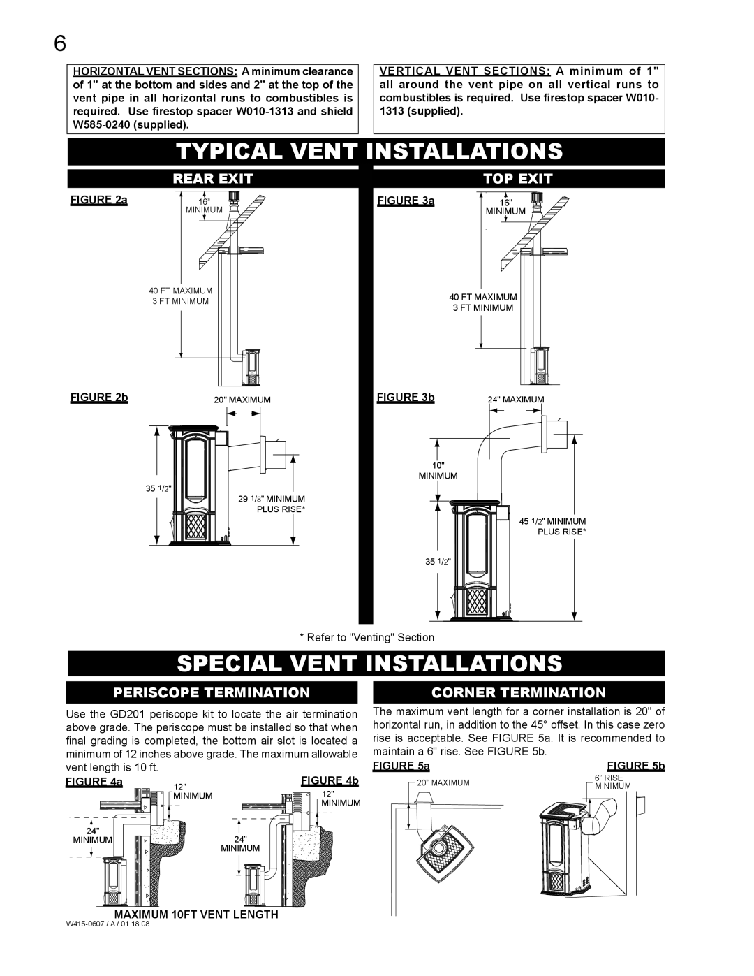 Napoleon Fireplaces GDS26P Typical Vent Installations, Special Vent Installations, Rear Exit TOP Exit, Corner Termination 