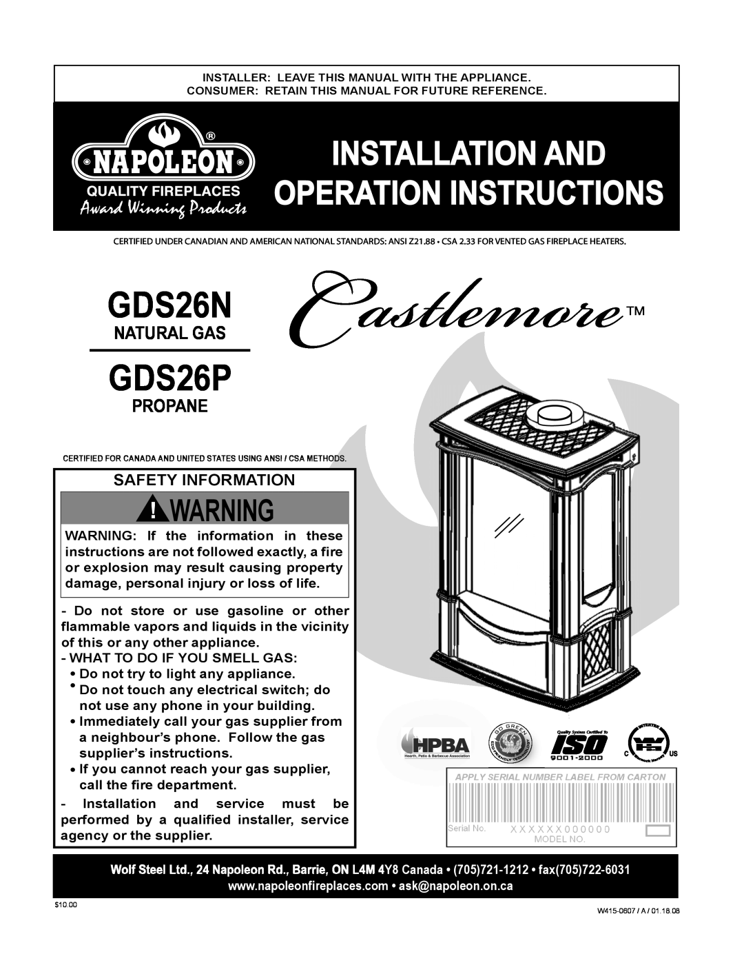 Napoleon Fireplaces GDS26N manual GDS26P, Installation And Operation Instructions, Natural Gas, Propane 