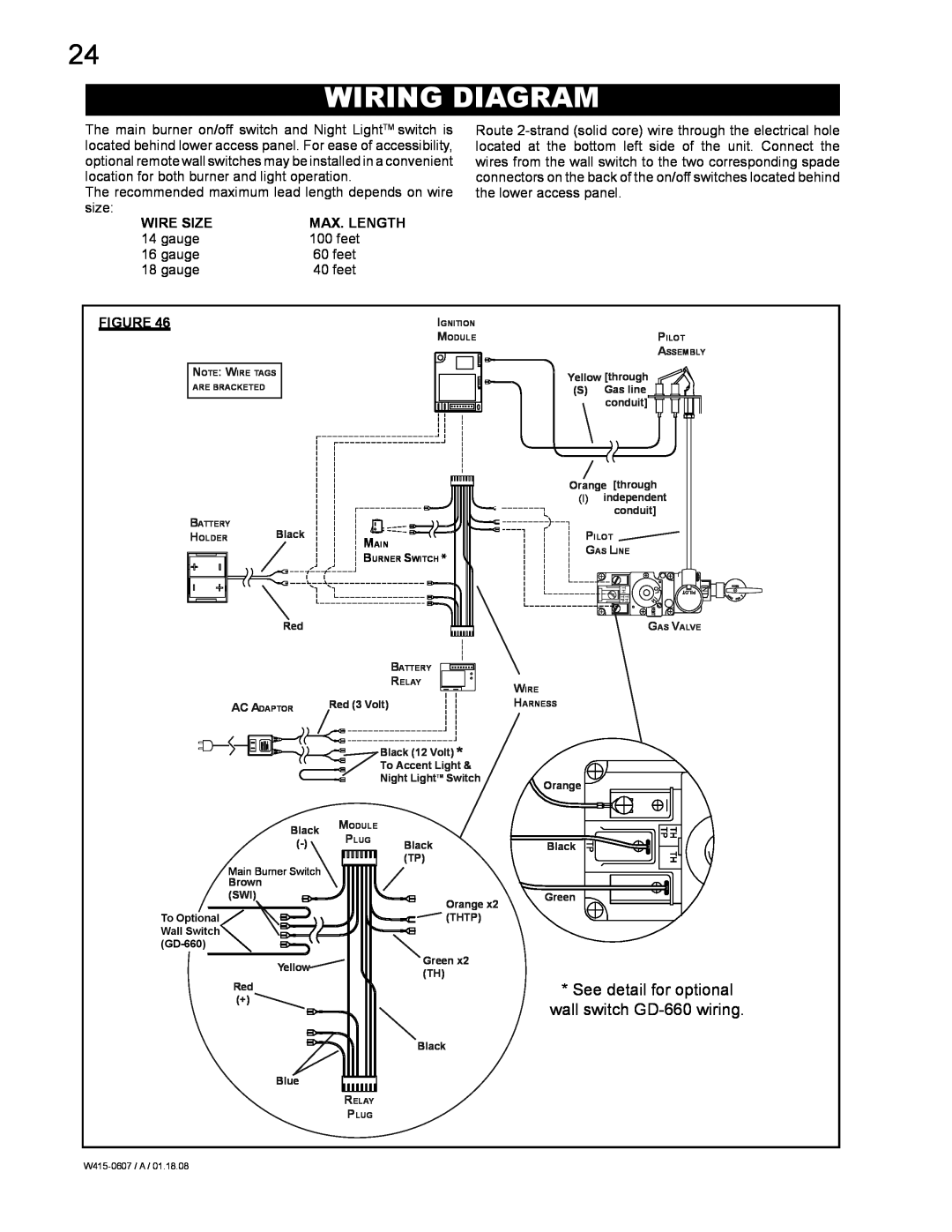 Napoleon Fireplaces GDS26P, GDS26N manual Wiring Diagram, See detail for optional wall switch GD-660wiring 