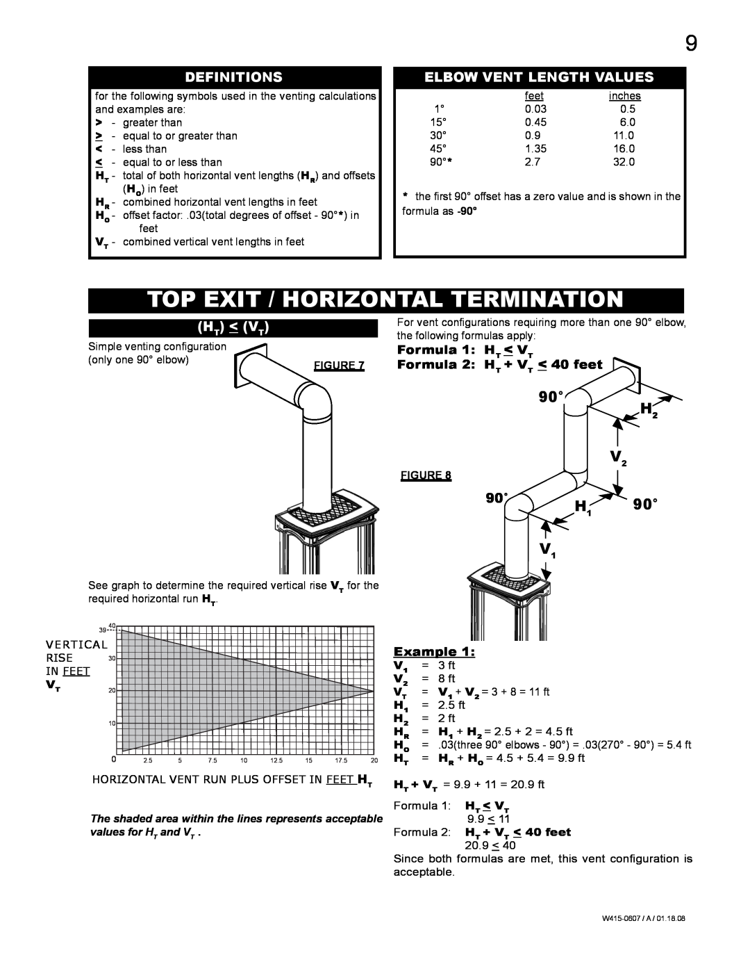 Napoleon Fireplaces GDS26N, GDS26P manual Top Exit / Horizontal Termination, Definitions, Elbow Vent Length Values, Ht Vt 