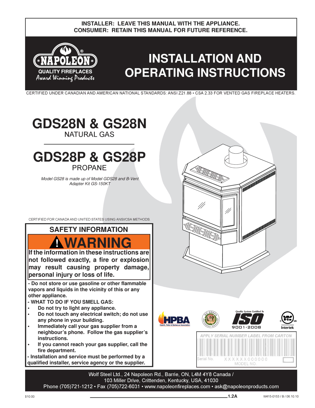 Napoleon Fireplaces GDS28P manual Installation Operating Instructions, What to do if YOU Smell GAS 