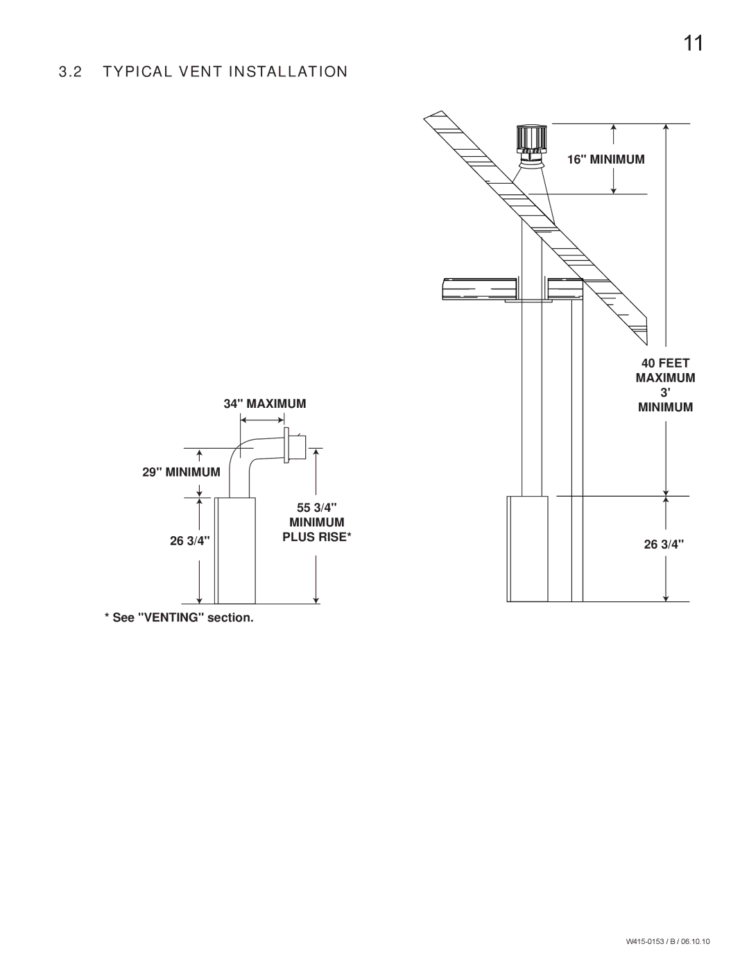 Napoleon Fireplaces GDS28P manual Typical Vent Installation, Minimum Feet Maximum, Plus Rise 