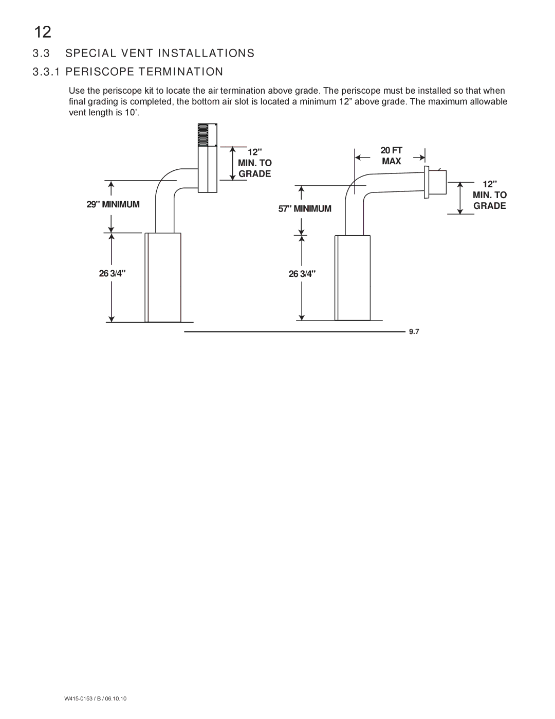 Napoleon Fireplaces GDS28P manual Special Vent Installations 3.3.1 Periscope Termination, Minimum MIN. to Grade 