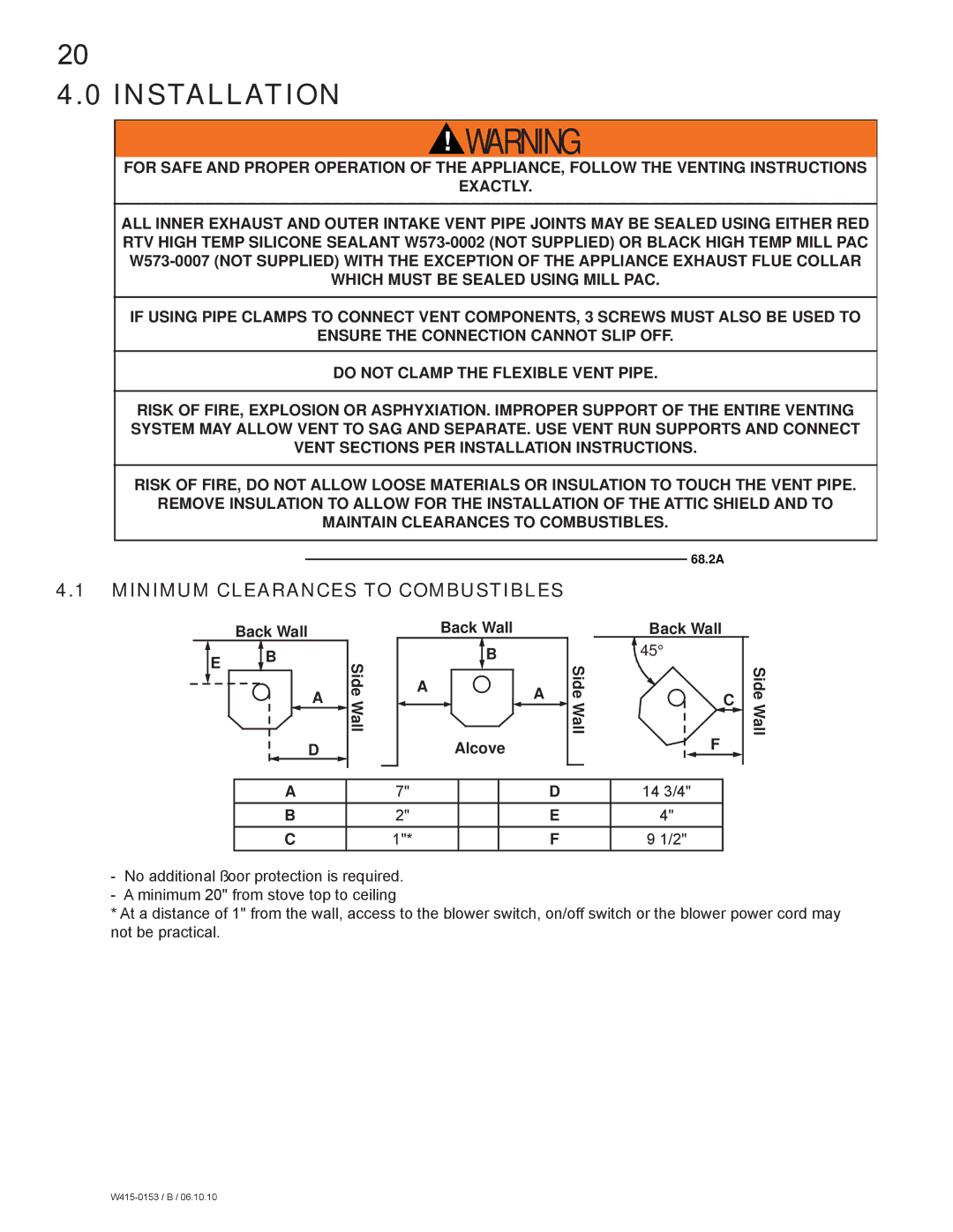 Napoleon Fireplaces GDS28P manual Installation, Minimum Clearances to Combustibles 