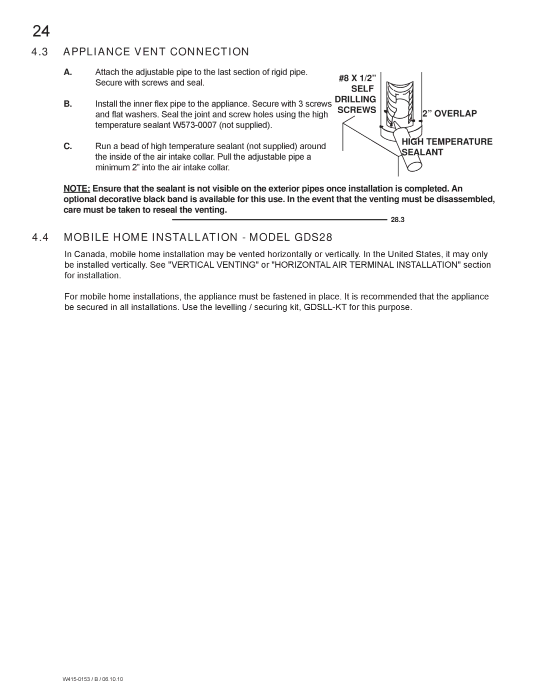 Napoleon Fireplaces GDS28P manual Appliance Vent Connection, Mobile Home Installation Model GDS28, Self Drilling 