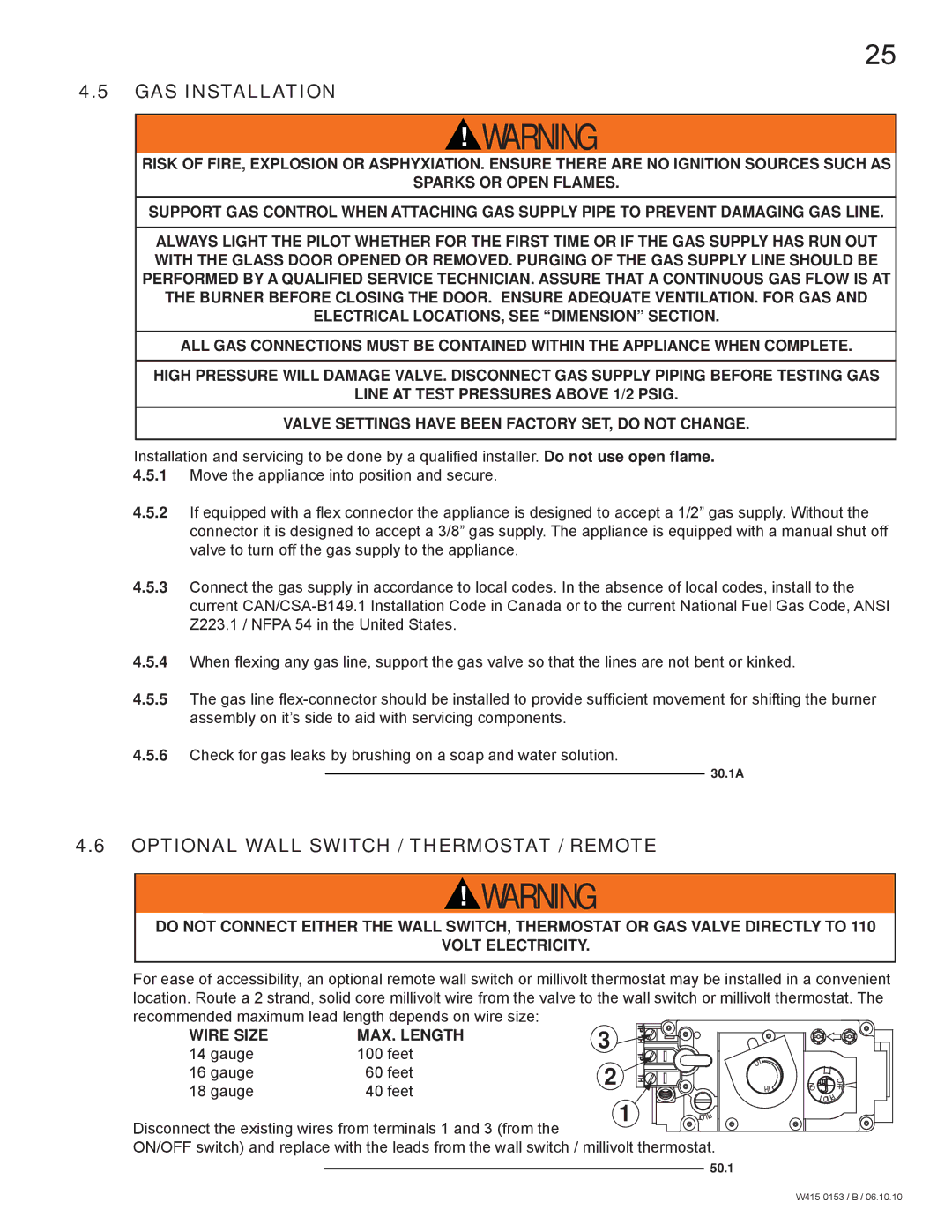 Napoleon Fireplaces GDS28P manual GAS Installation, Optional Wall Switch / Thermostat / Remote, Wire Size MAX. Length 