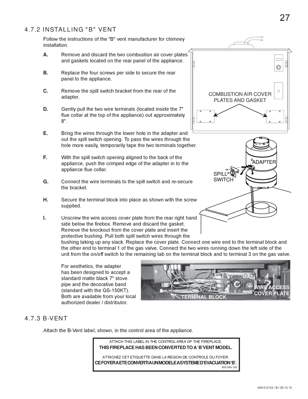 Napoleon Fireplaces GDS28P manual Installing B Vent, Plates and Gasket 