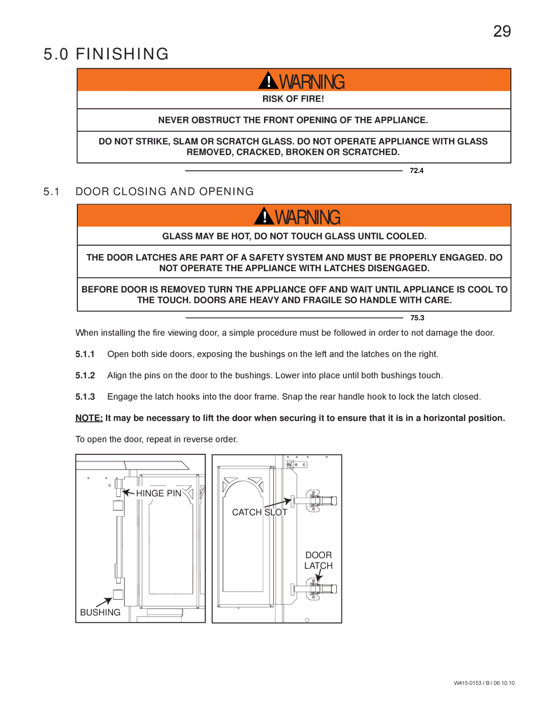 Napoleon Fireplaces GDS28P manual Finishing, Door Closing and Opening 