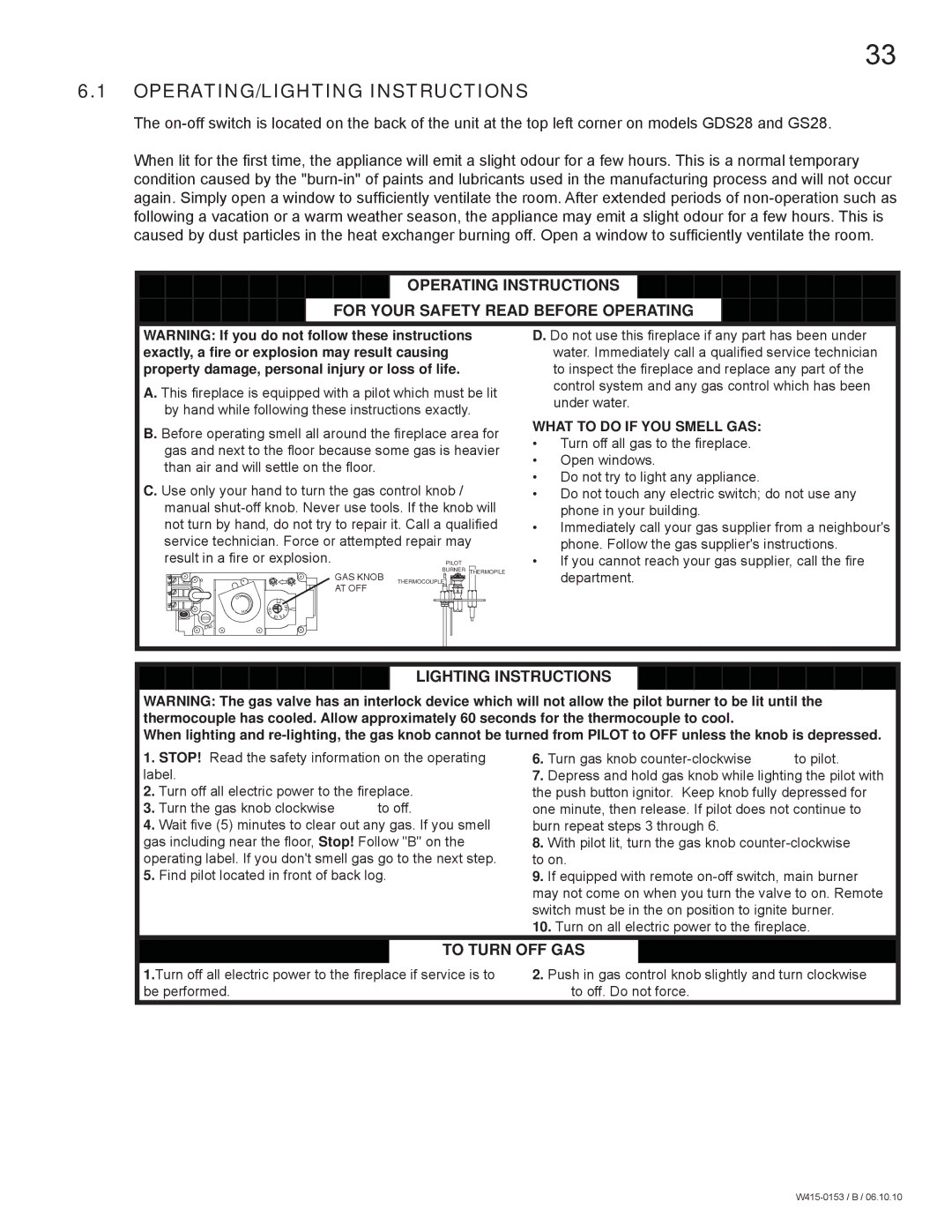 Napoleon Fireplaces GDS28P manual OPERATING/LIGHTING Instructions, Lighting Instructions, To Turn OFF GAS 