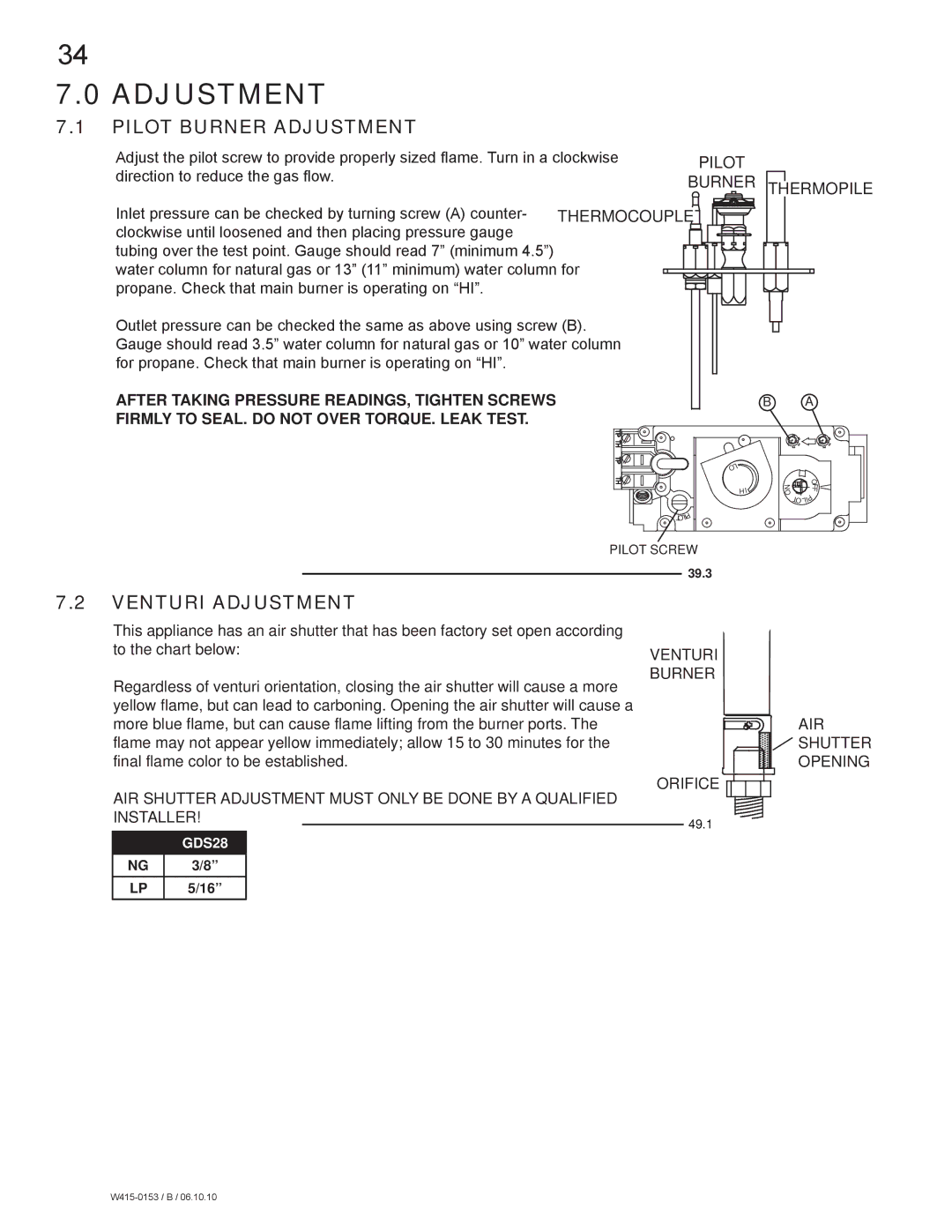 Napoleon Fireplaces GDS28P manual Pilot Burner Adjustment, Venturi Adjustment 