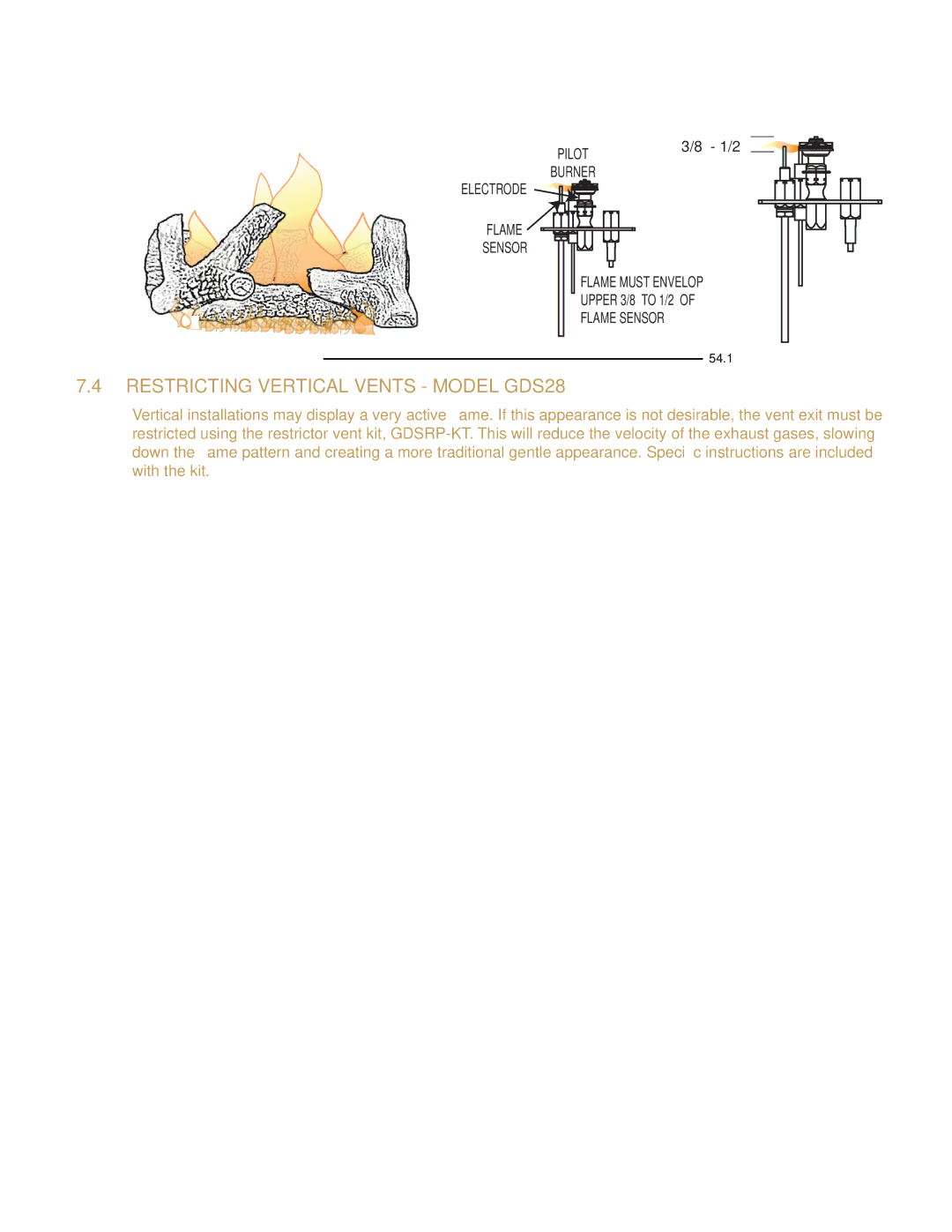 Napoleon Fireplaces GDS28P manual Flame Characteristics, Restricting Vertical Vents Model GDS28, Burner, Flame Sensor 