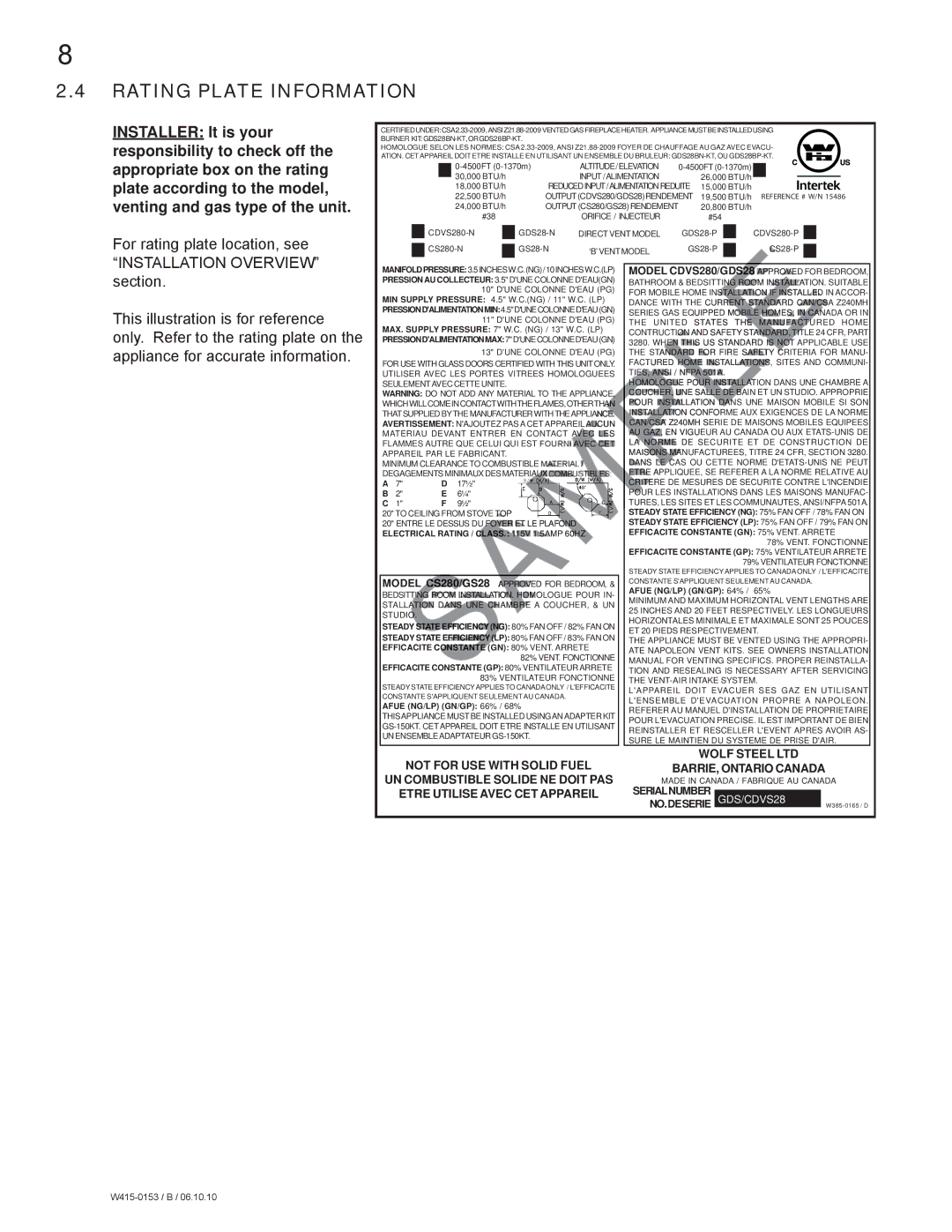 Napoleon Fireplaces GDS28P manual Rating Plate Information, Output CS280/GS28RENDEMENT 