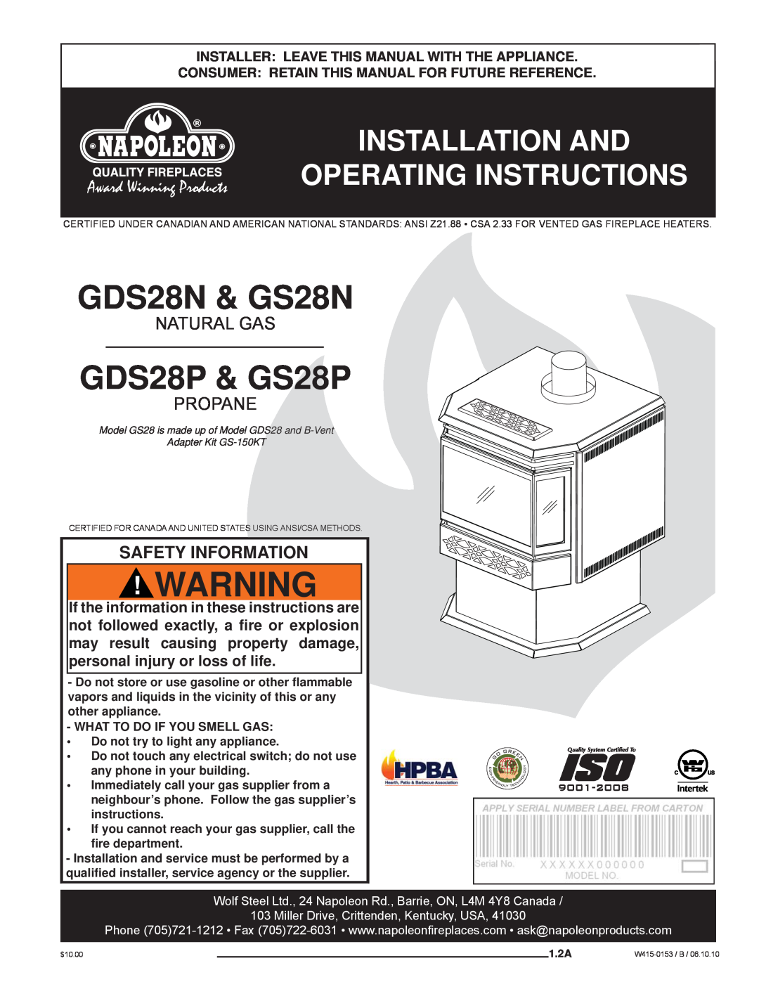 Napoleon Fireplaces manual Installer Leave This Manual With The Appliance, GDS28N & GS28N, GDS28P & GS28P, Natural Gas 