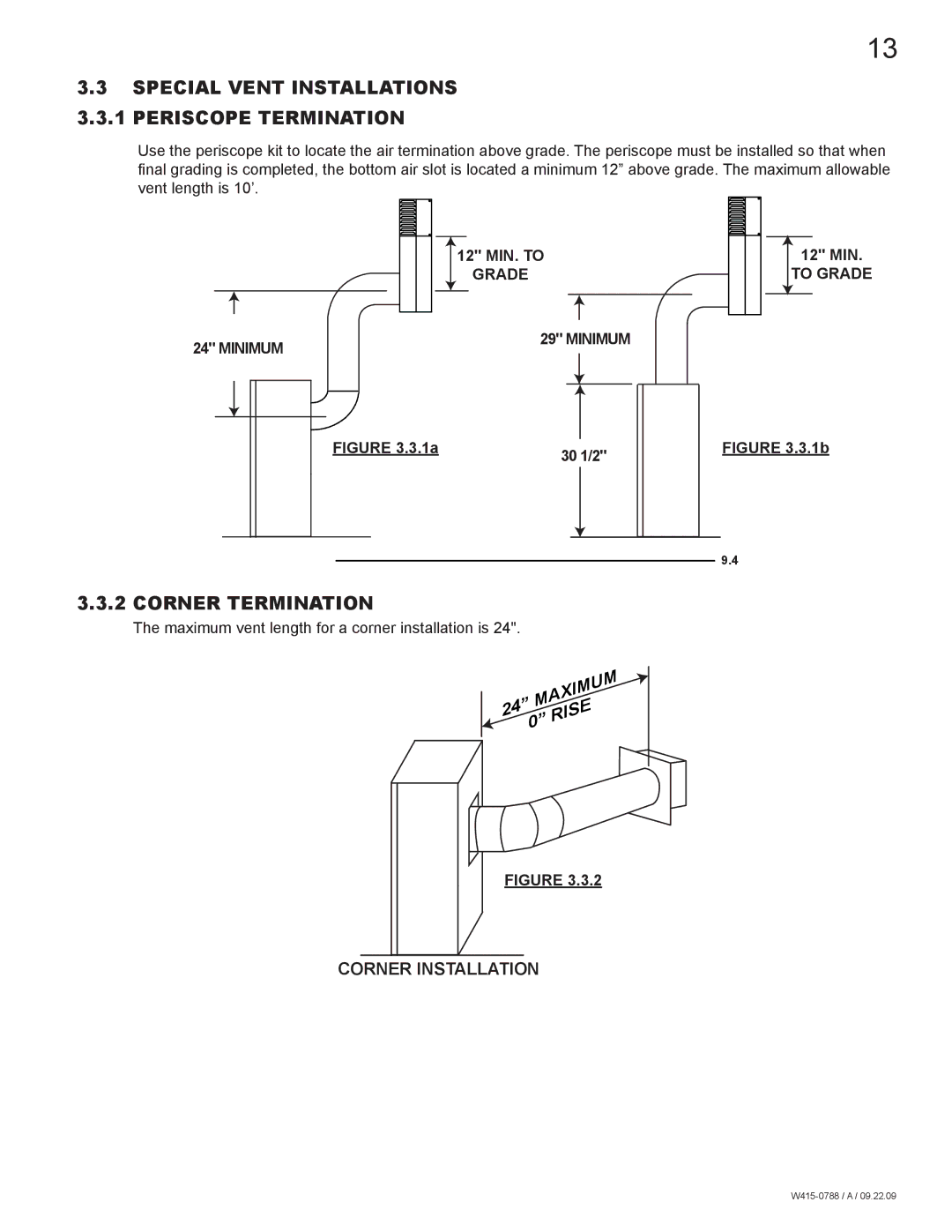 Napoleon Fireplaces GDS60N manual Special Vent Installations 3.3.1 Periscope Termination, Corner Termination, Grade 