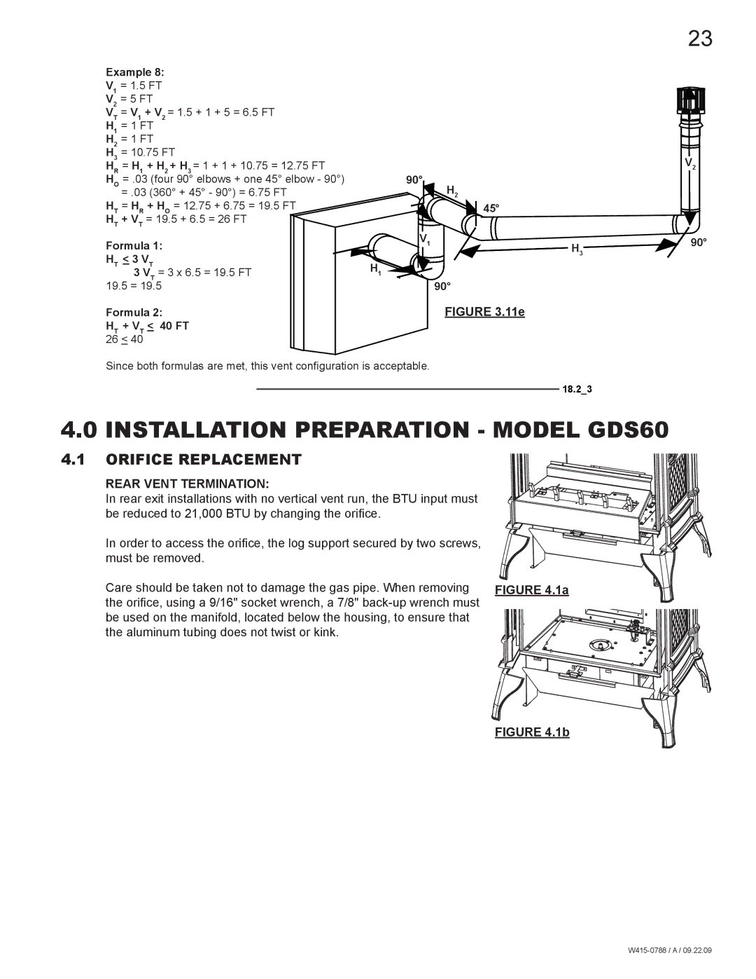 Napoleon Fireplaces GDS60N manual Installation Preparation Model GDS60, Orifice Replacement, Rear Vent Termination 