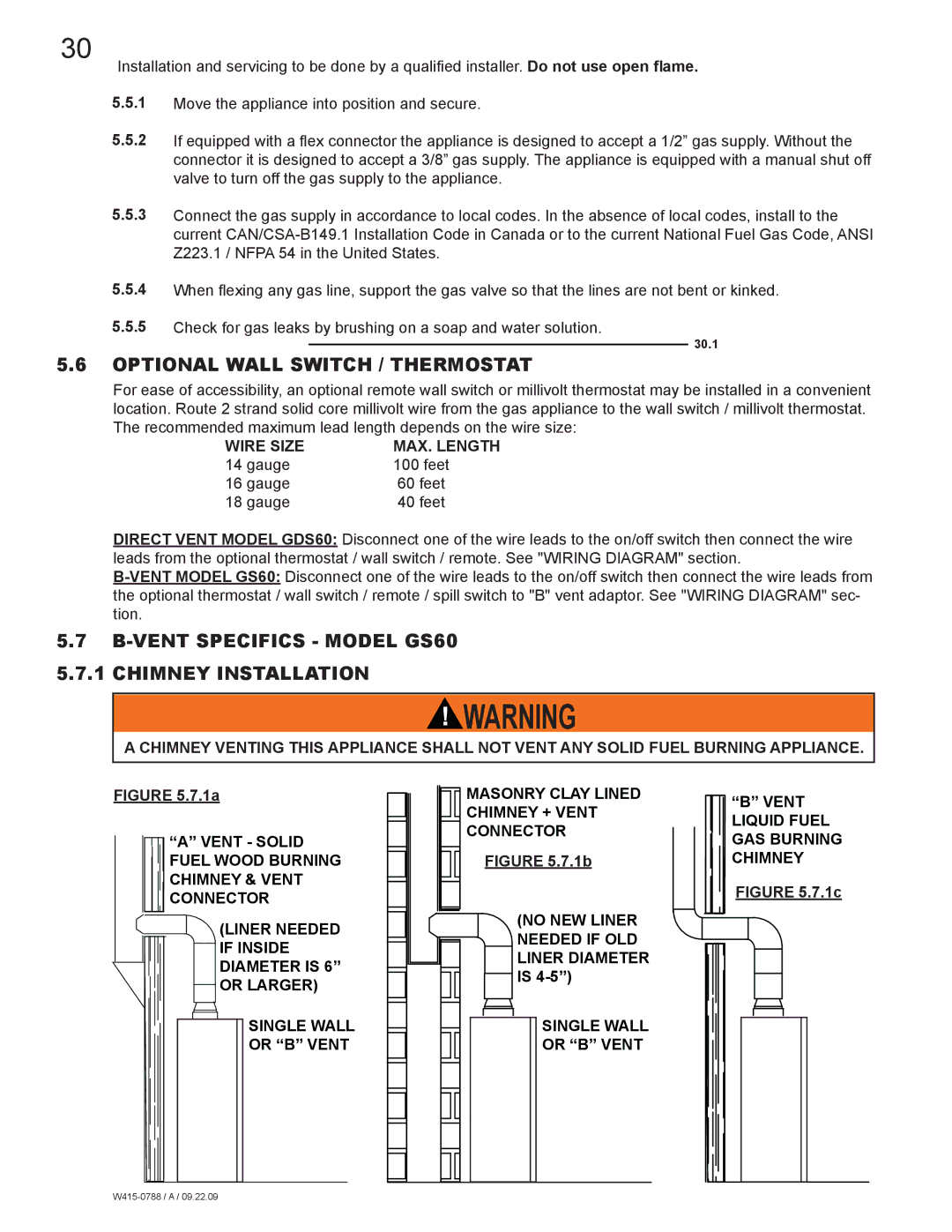 Napoleon Fireplaces GDS60N manual Optional Wall Switch / Thermostat, Vent Specifics Model GS60 5.7.1 Chimney Installation 