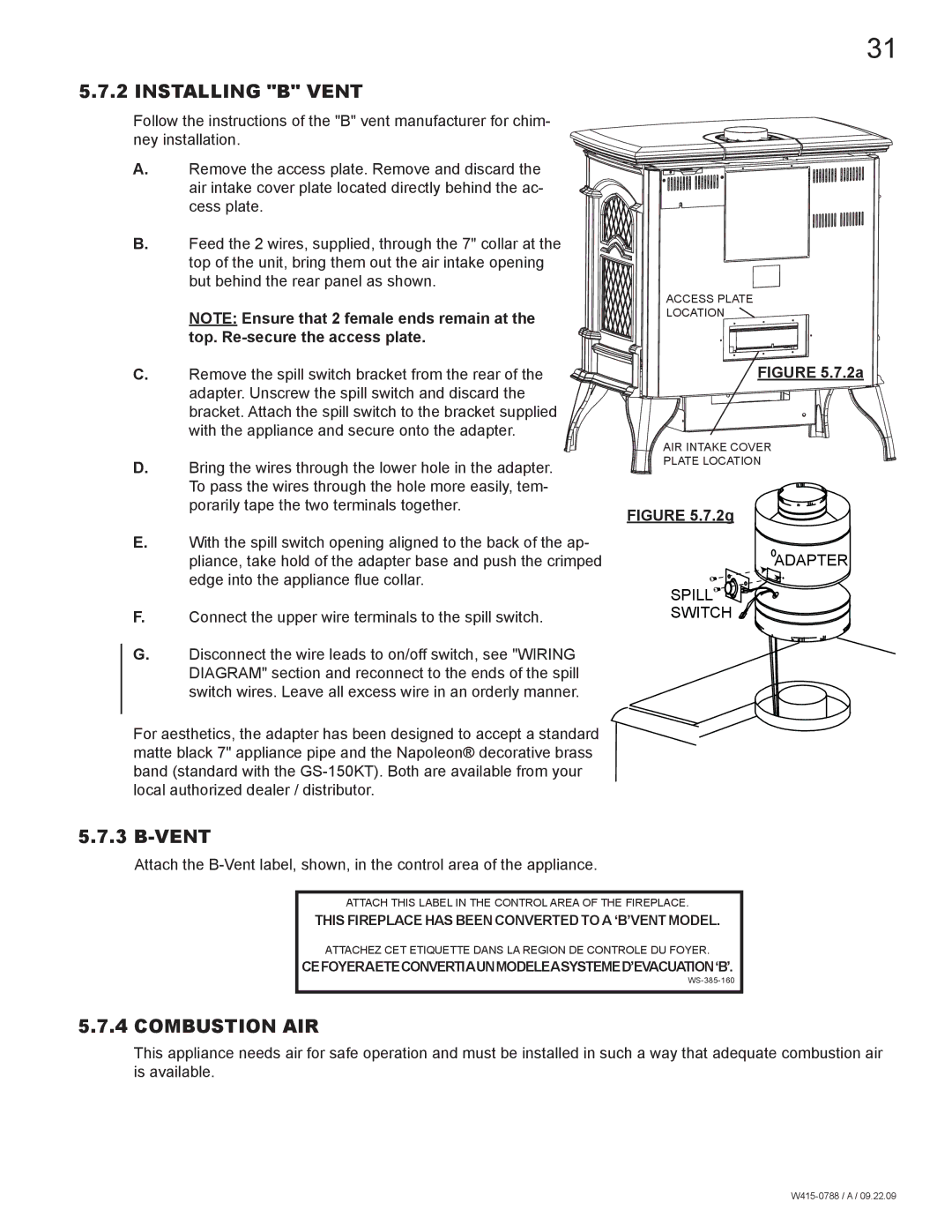 Napoleon Fireplaces GDS60N manual Installing B Vent, Combustion AIR 